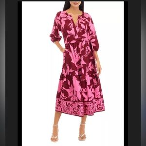 Crown & Ivy NWT cranberry leaf belted midi dress small crisp cotton dress